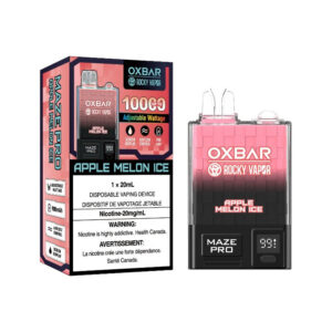 APPLE MELON ICE OXBAR MAZE PRO DISPOSABLE VAPE (10000 PUFFs) Indulge in the refreshing fusion of crisp apple and succulent melon, perfectly chilled with a hint of icy coolness. Same-day and next day delivery within the zone and express shipping BC , NB ,NL, QC , NS ,NU,ON,PE,AB,MB,NT,SK,YT