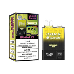 BANANA ICE OX BAR MAZE PRO DISPOSABLE VAPE (10000 PUFFs) Experience the cool and luscious delight of our Banana Ice vape flavor. Immerse your senses in the sweet, tropical essence of ripe bananas, complemented by a refreshing icy undertone. Same-day and next day delivery within the zone and express shipping BC , NB ,NL, QC, NS ,NU,ON,PE,AB,MB,NT,SK,YT
