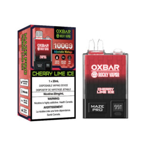 CHERRY LIME ICE OX BAR MAZE PRO DISPOSABLE VAPE (10000 PUFFs) Introducing Cherry Lime Ice, a tantalizing vape flavor that marries the sweetness of ripe cherries with the zesty kick of fresh lime, creating a harmonious fusion on your palate. Same-day and next day delivery within the zone and express shipping GTA, Oakville, Aurora, Pickering, Ajax, Whitby, Oshawa, Scarborough, Brampton, Etobicoke, Mississauga, Markham, Richmond Hill, Ottawa, Montreal, Nova Scotia, PEI, Vancouver,