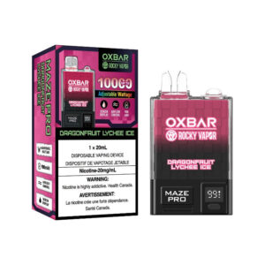 DRAGONFRUIT LYCHEE ICE OX BAR MAZE PRO DISPOSABLE VAPE (10000 PUFFs) Indulge in the exotic fusion of succulent dragonfruit and luscious lychee, creating a harmonious dance of sweet and tangy notes on your palate. The experience is elevated with a refreshing icy touch, delivering a cool and invigorating sensation with every inhale. Same-day and next day delivery within the zone and express shipping BC , NB ,NL, QC , NS ,NU,ON,PE,AB,MB,NT,SK,YT