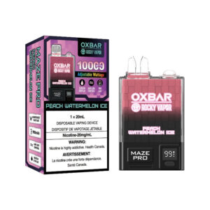 PEACH WATERMELON ICE OX BAR MAZE PRO DISPOSABLE VAPE (10000 PUFFs) Savor the refreshing fusion of succulent peach and crisp watermelon, elevated to new heights with a chilly twist of ice. This vape flavor delivers a tantalizing blend of sweet and juicy notes, creating a cool, fruity symphony that invigorates the senses. Same-day or Next-day delivery within the zone and express shipping BC , NB ,NL, QC , NS,NU,ON,PE,AB,MB,NT,SK,YT