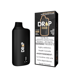 PEACH APRICOT ICE DROP BOX 8500 PUFF DISPOSABLE VAPE, Meet the DROP BOX Disposable vape, your ultimate on-the-go vaping companion! With an impressive 8500-puff capacity and a substantial 15mL e-liquid tank, this sleek device guarantees a satisfying vaping experience.