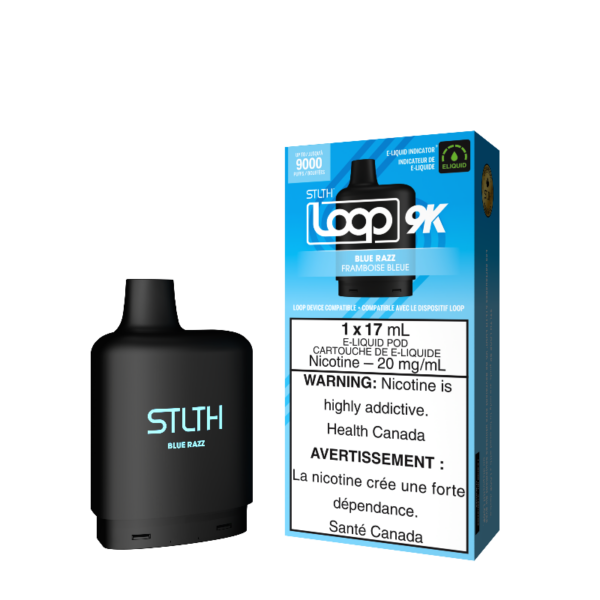 BLUE RAZZ STLTH LOOP 9K POD Indulge in a sweet blue raspberry flavour for a fruity kick Representing the pinnacle of excellence in the vaping realm, STLTH Loop 9K Pod boasts an impressive 17ML e-liquid capacity, providing an astonishing 9000 puffs per pod.