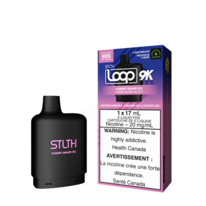 CHERRY GRAPE ICE STLTH LOOP 9K POD Delight in sweet cherries and zesty grapes with a icy blend for a refreshing sensation Representing the pinnacle of excellence in the vaping realm, STLTH Loop 9K Pod boasts an impressive 17ML e-liquid capacity, providing an astonishing 9000 puffs per pod.