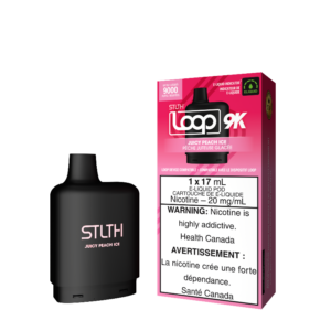 JUICY PEACH ICE STLTH LOOP 9K POD Experience flavour intense zesty peach with hint of mentholRepresenting the pinnacle of excellence in the vaping realm, STLTH Loop 9K Pod boasts an impressive 17ML e-liquid capacity, providing an astonishing 9000 puffs per pod.