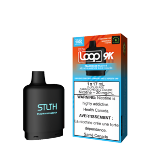 PEACH BLUE RAZZ ICE STLTH LOOP 9K POD Experience juicy peach with sweet blue raspberry topping it off with a menthol hit making it a perfect blend Representing the pinnacle of excellence in the vaping realm, STLTH Loop 9K Pod boasts an impressive 17ML e-liquid capacity, providing an astonishing 9000 puffs per pod.