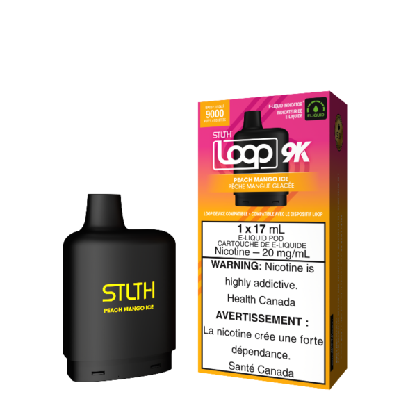 PEACH MANGO ICE STLTH LOOP 9K POD Experience juicy peach with ripe mango topping it off with a menthol hit making it a savoury blend Representing the pinnacle of excellence in the vaping realm, STLTH Loop 9K Pod boasts an impressive 17ML e-liquid capacity, providing an astonishing 9000 puffs per pod.